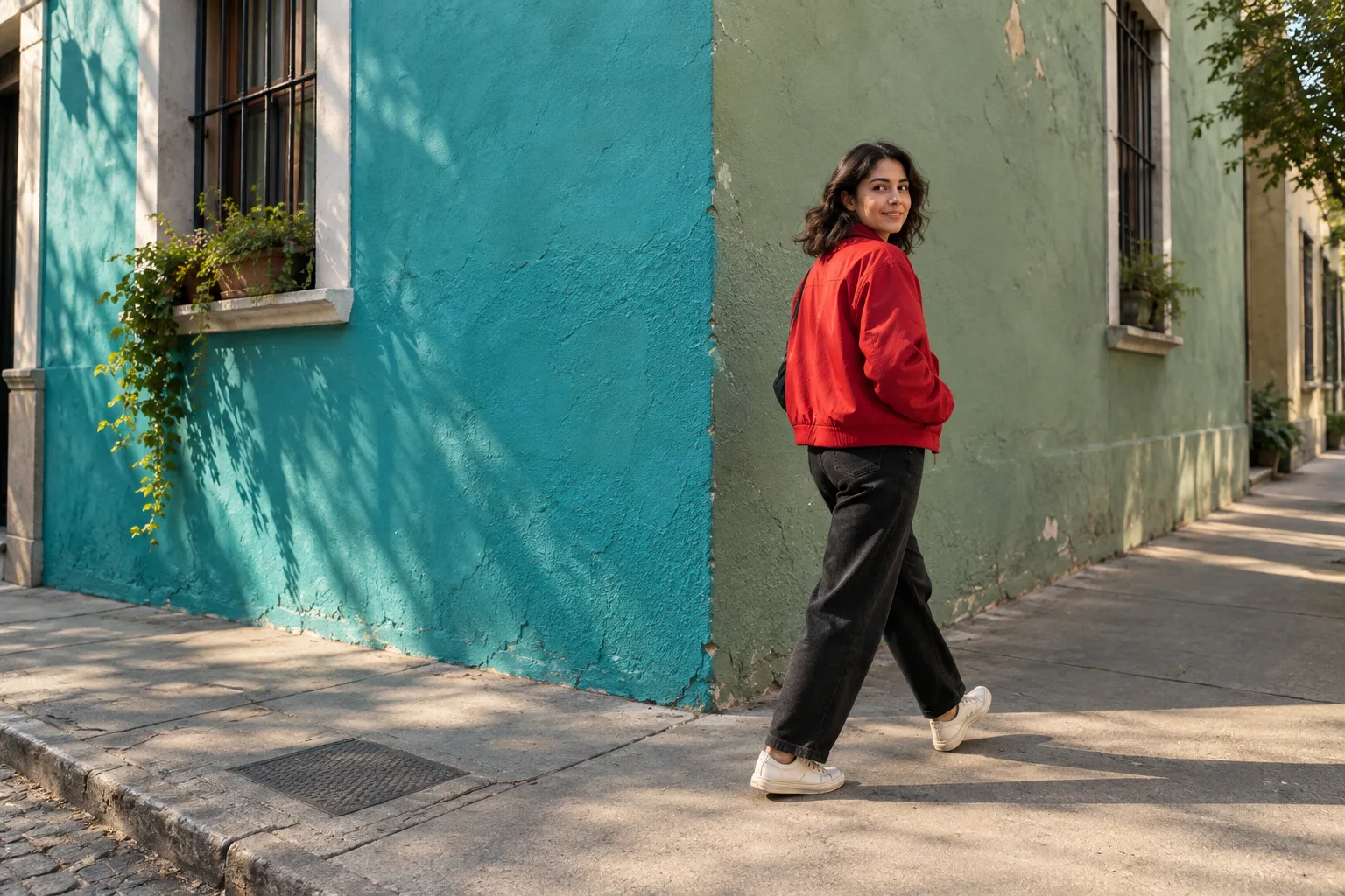 A red jacket against a colourful wall on a city walk
