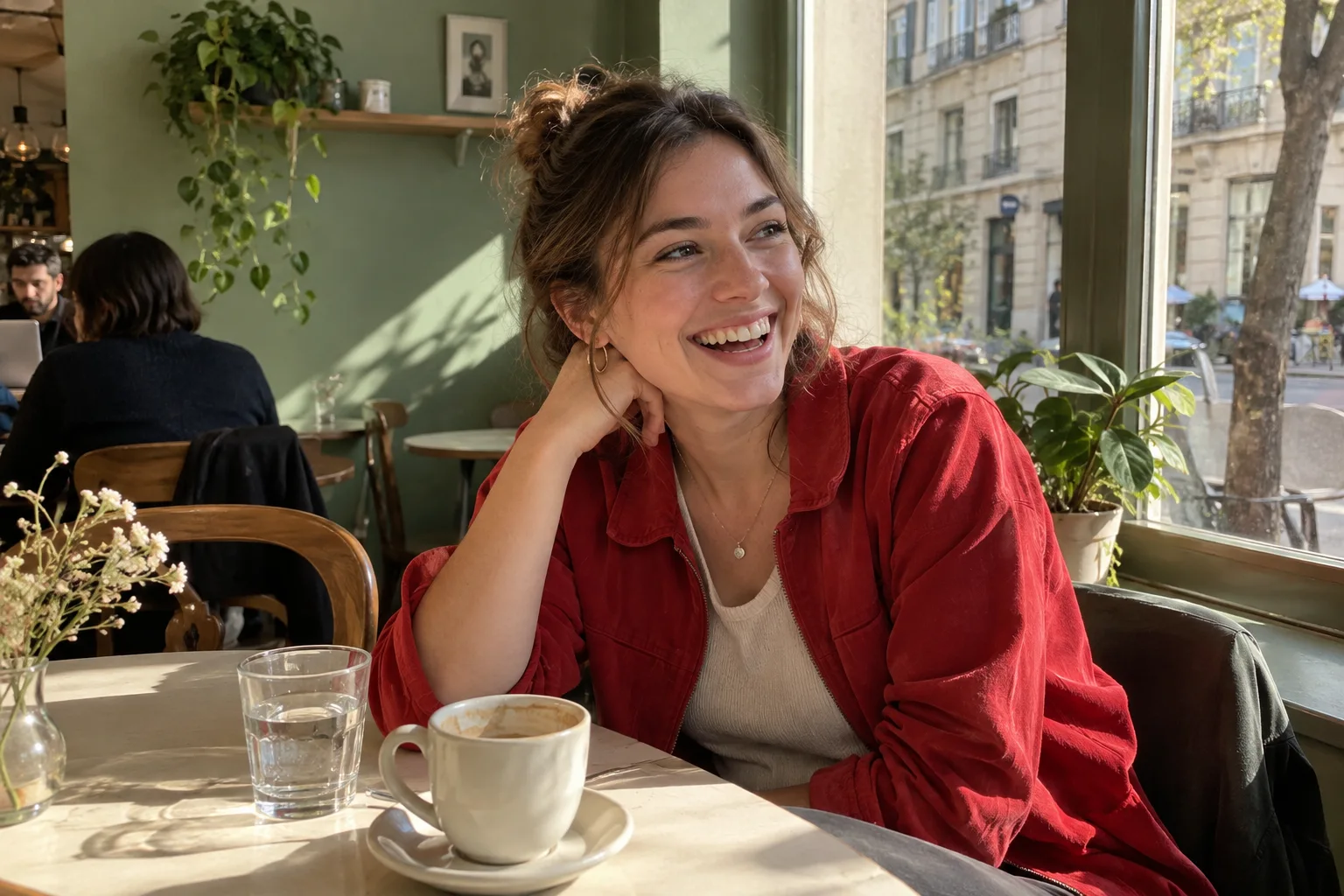 A friend laughing in the afternoon light at a café
